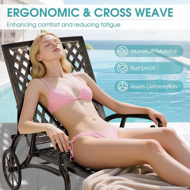 Alt view image 4 of 6 - Chaise Lounge Chair Outdoor, Poolside Lounger Outside Cast Aluminum Tanning Chairs with Adjustable Backrest and Moveable Wheels, Bronze