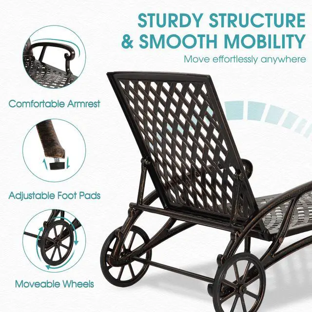 Alt view image 5 of 6 - Chaise Lounge Chair Outdoor, Poolside Lounger Outside Cast Aluminum Tanning Chairs with Adjustable Backrest and Moveable Wheels, Bronze