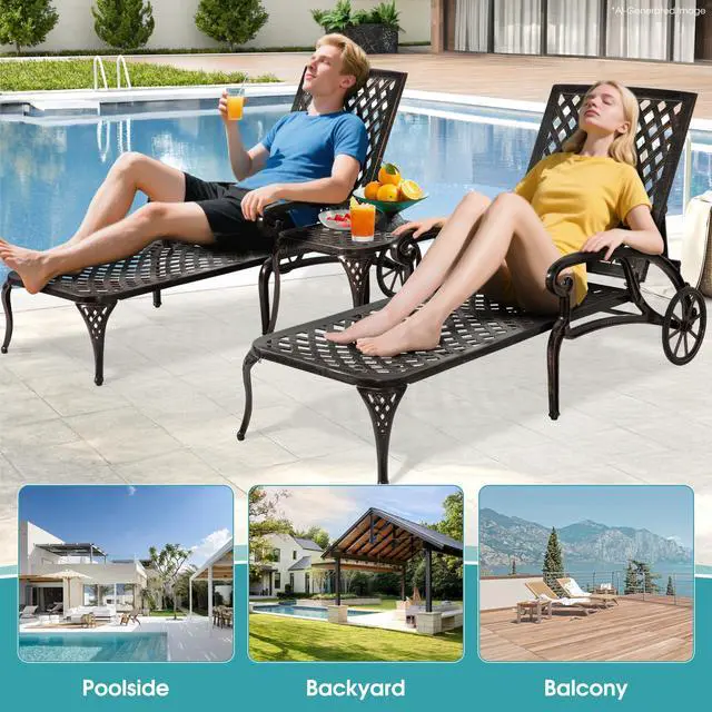 Alt view image 6 of 6 - Chaise Lounge Chair Outdoor, Poolside Lounger Outside Cast Aluminum Tanning Chairs with Adjustable Backrest and Moveable Wheels, Bronze