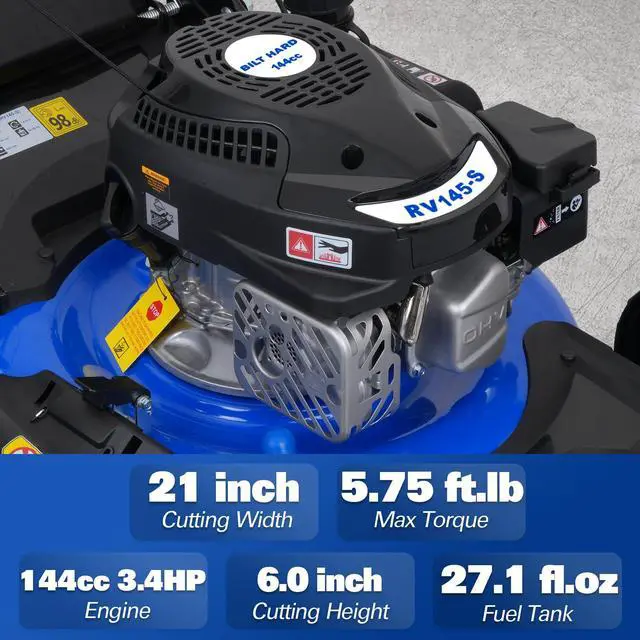 Alt view image 2 of 6 - 21 Inch Lawn Mower Gas Powered, 4-Cycle 144cc Engine, 3-in-1 Push Lawnmower with Bagging, Mulching & Side Discharge, Adjustable 8-Positions Cutting Height, Easy Start