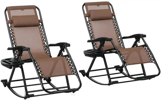 Main image of Set of 2 Outdoor Rocking Chairs, Foldable Reclining Zero Gravity Lounge Rocker with Pillow, Cup & Phone Holder, Combo Design with Folding Legs, Brown
