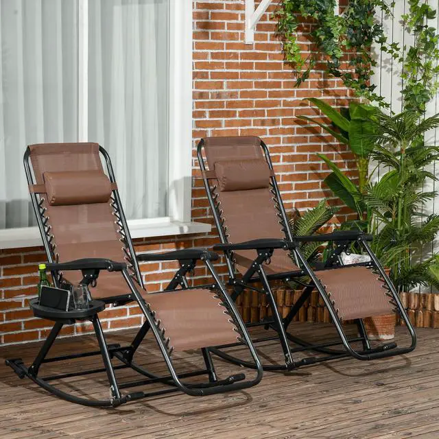 Alt view image 2 of 6 - Set of 2 Outdoor Rocking Chairs, Foldable Reclining Zero Gravity Lounge Rocker with Pillow, Cup & Phone Holder, Combo Design with Folding Legs, Brown