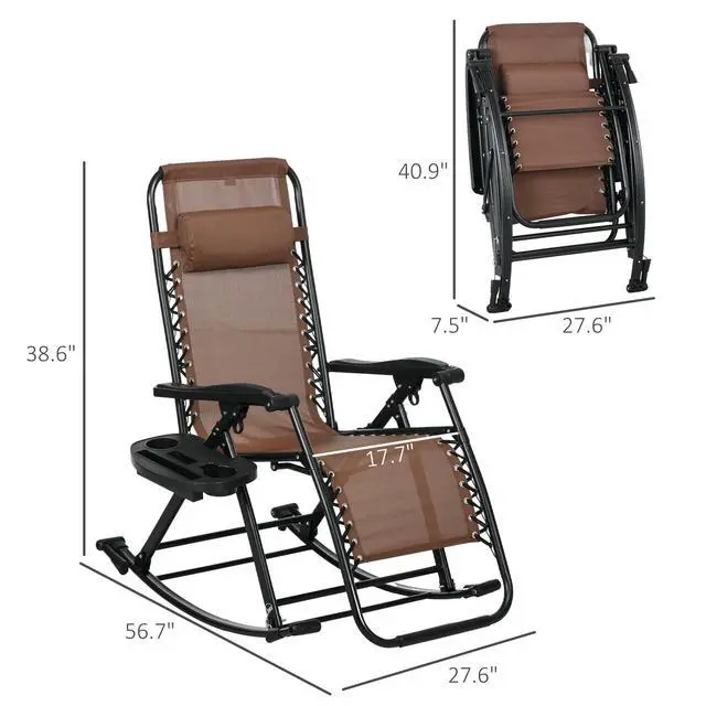 Alt view image 3 of 6 - Set of 2 Outdoor Rocking Chairs, Foldable Reclining Zero Gravity Lounge Rocker with Pillow, Cup & Phone Holder, Combo Design with Folding Legs, Brown