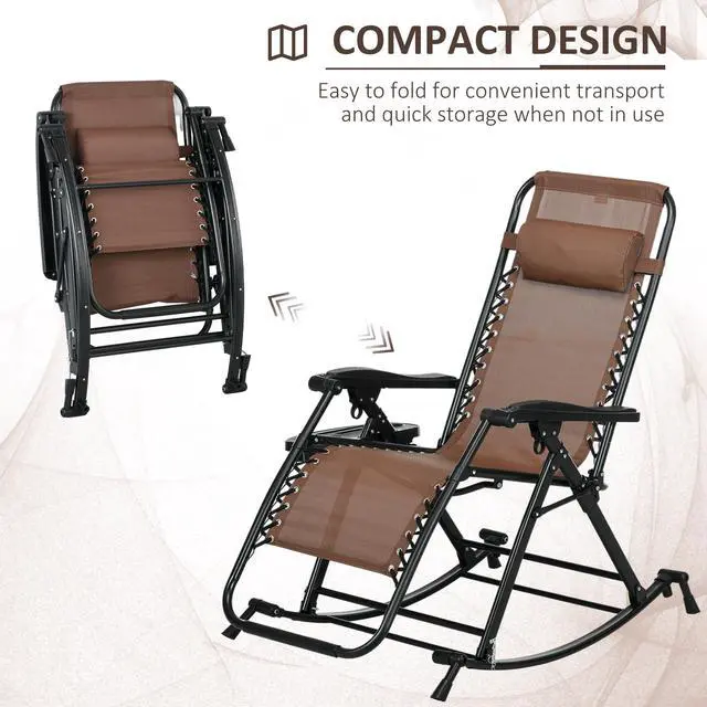Alt view image 4 of 6 - Set of 2 Outdoor Rocking Chairs, Foldable Reclining Zero Gravity Lounge Rocker with Pillow, Cup & Phone Holder, Combo Design with Folding Legs, Brown