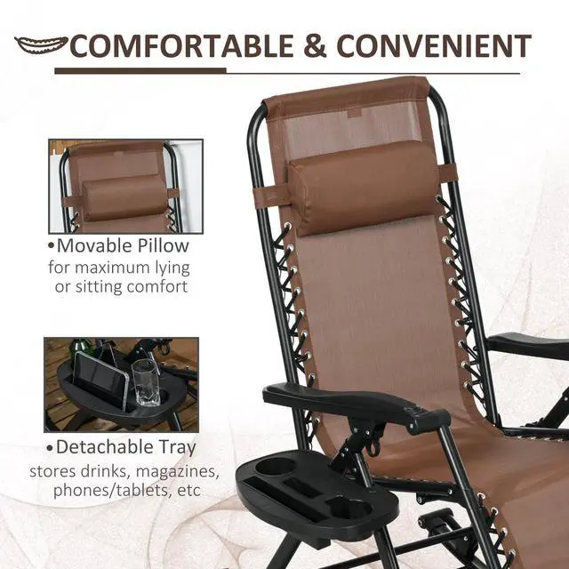 Alt view image 5 of 6 - Set of 2 Outdoor Rocking Chairs, Foldable Reclining Zero Gravity Lounge Rocker with Pillow, Cup & Phone Holder, Combo Design with Folding Legs, Brown
