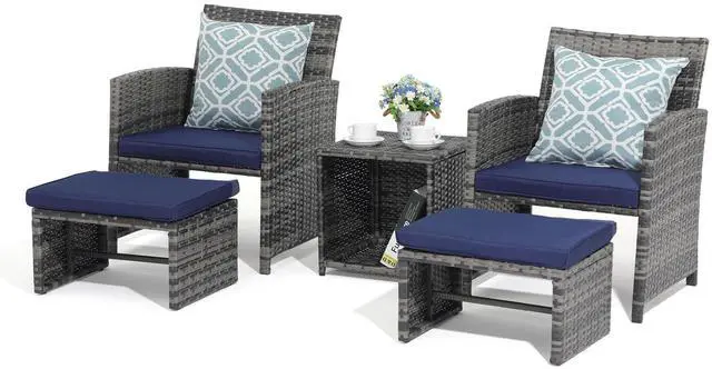 Main image of 5 Piece Patio Furniture Set, Wicker Outdoor Conversation Chair and Ottoman Set with Coffee Table, for Balcony, Porch, Deck, Navy Blue