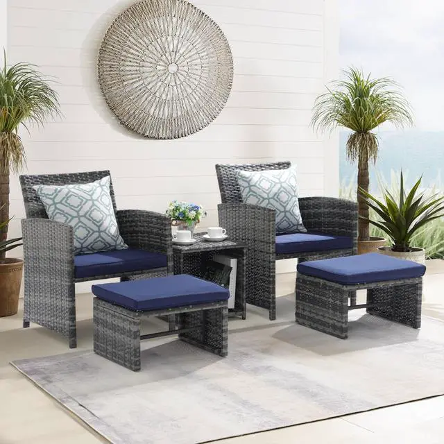 Alt view image 2 of 6 - 5 Piece Patio Furniture Set, Wicker Outdoor Conversation Chair and Ottoman Set with Coffee Table, for Balcony, Porch, Deck, Navy Blue