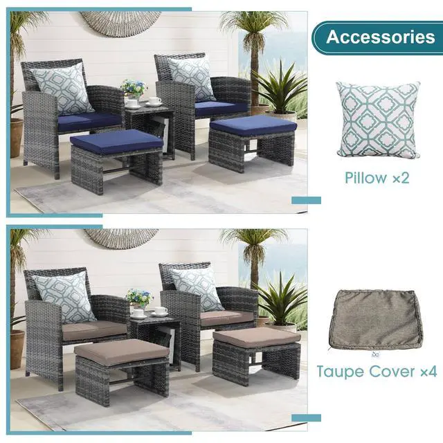 Alt view image 3 of 6 - 5 Piece Patio Furniture Set, Wicker Outdoor Conversation Chair and Ottoman Set with Coffee Table, for Balcony, Porch, Deck, Navy Blue
