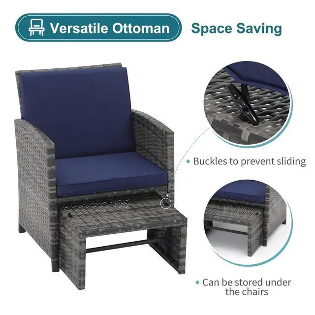 Alt view image 4 of 6 - 5 Piece Patio Furniture Set, Wicker Outdoor Conversation Chair and Ottoman Set with Coffee Table, for Balcony, Porch, Deck, Navy Blue