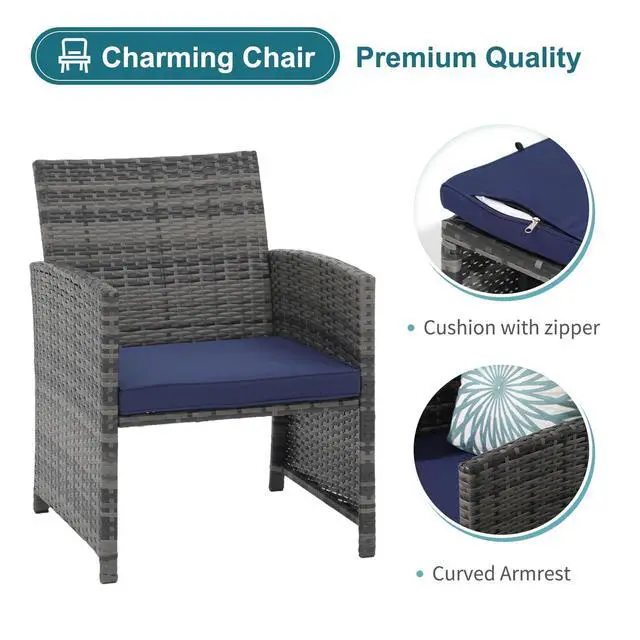 Alt view image 5 of 6 - 5 Piece Patio Furniture Set, Wicker Outdoor Conversation Chair and Ottoman Set with Coffee Table, for Balcony, Porch, Deck, Navy Blue
