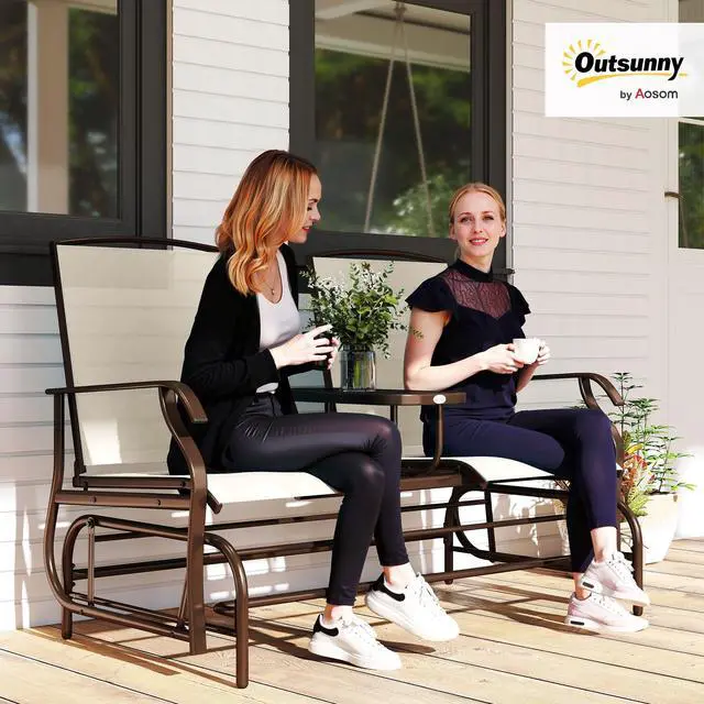 Alt view image 2 of 6 - Outdoor Glider Bench with Center Table, Metal Frame Patio Loveseat with Breathable Mesh Fabric and Armrests for Backyard Garden Porch, Beige