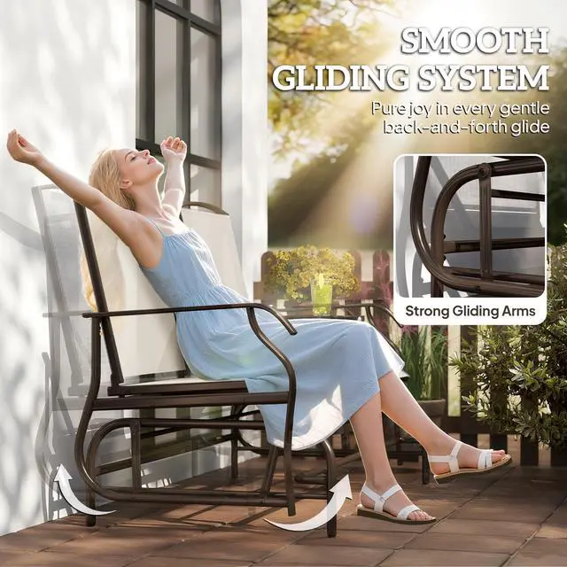 Alt view image 3 of 6 - Outdoor Glider Bench with Center Table, Metal Frame Patio Loveseat with Breathable Mesh Fabric and Armrests for Backyard Garden Porch, Beige