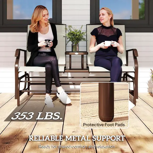 Alt view image 6 of 6 - Outdoor Glider Bench with Center Table, Metal Frame Patio Loveseat with Breathable Mesh Fabric and Armrests for Backyard Garden Porch, Beige