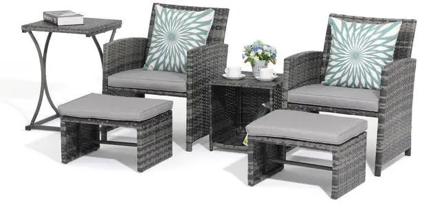 Main image of 6 Piece Patio Furniture Conversation Set with Ottoman, Outdoor Grey Wicker Chair and Table Set, Balcony Furniture for Apartments, Light Grey