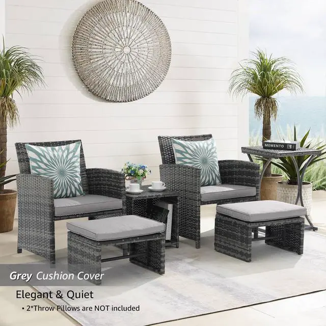 Alt view image 2 of 6 - 6 Piece Patio Furniture Conversation Set with Ottoman, Outdoor Grey Wicker Chair and Table Set, Balcony Furniture for Apartments, Light Grey