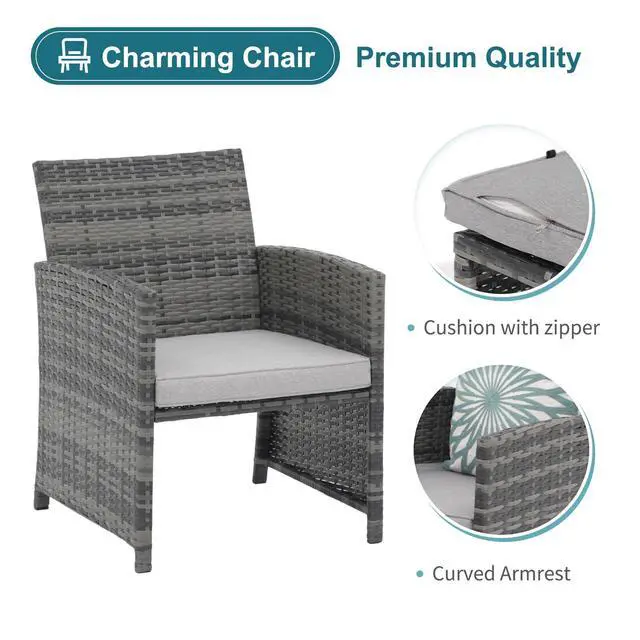 Alt view image 5 of 6 - 6 Piece Patio Furniture Conversation Set with Ottoman, Outdoor Grey Wicker Chair and Table Set, Balcony Furniture for Apartments, Light Grey