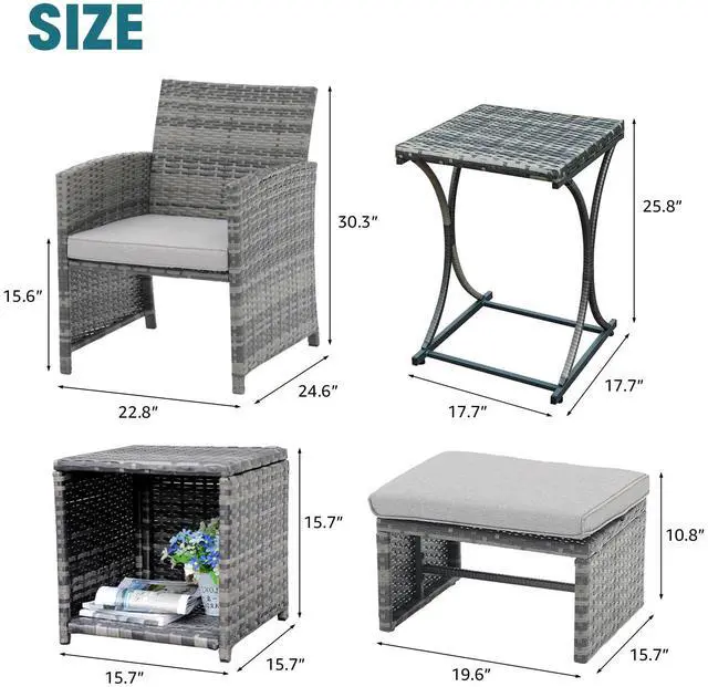 Alt view image 6 of 6 - 6 Piece Patio Furniture Conversation Set with Ottoman, Outdoor Grey Wicker Chair and Table Set, Balcony Furniture for Apartments, Light Grey
