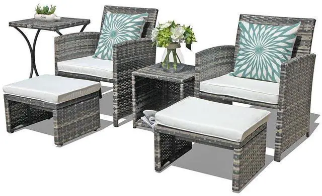 Main image of 6 Piece Patio Furniture Conversation Set with Ottoman, Outdoor Grey Wicker Chair and Table Set, Balcony Furniture for Apartments, White