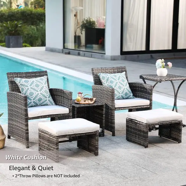 Alt view image 2 of 2 - 6 Piece Patio Furniture Conversation Set with Ottoman, Outdoor Grey Wicker Chair and Table Set, Balcony Furniture for Apartments, White