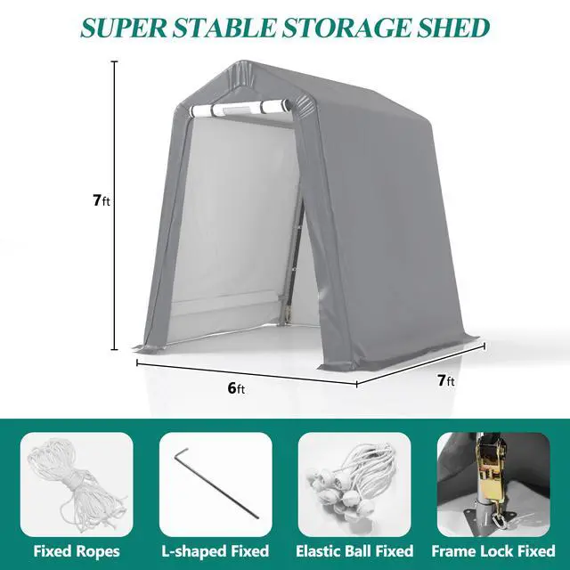 Alt view image 2 of 6 - 6' x 7' Outdoor Storage Shelter Shed- Heavy Duty Storage Tent with Roll-up Ventilated Windows, Portable Garage Storage shed for Bike, ATV, Motorcycle Shelter, Gray