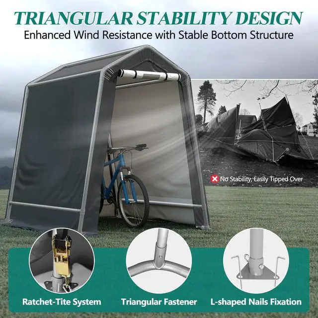 Alt view image 5 of 6 - 6' x 7' Outdoor Storage Shelter Shed- Heavy Duty Storage Tent with Roll-up Ventilated Windows, Portable Garage Storage shed for Bike, ATV, Motorcycle Shelter, Gray