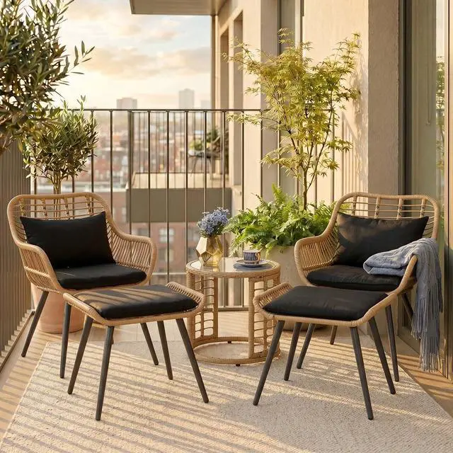 Main image of 5 Piece Wicker Patio Furniture Set, Rattan Outdoor Bistro Set with 2 Ottomans and Coffee Side Table, Small Patio Conversation Set for Balcony, Front Porch, Garden, Backyard, Black