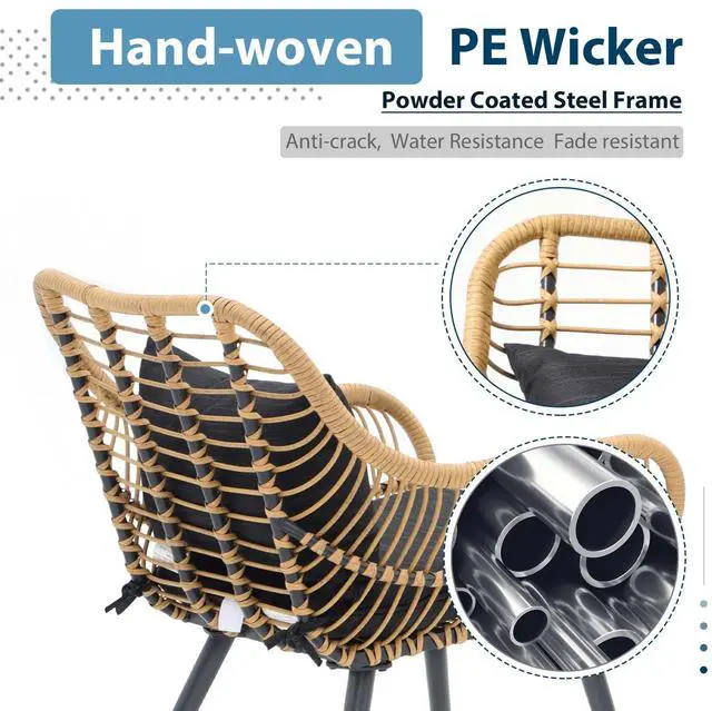 Alt view image 2 of 6 - 5 Piece Wicker Patio Furniture Set, Rattan Outdoor Bistro Set with 2 Ottomans and Coffee Side Table, Small Patio Conversation Set for Balcony, Front Porch, Garden, Backyard, Black