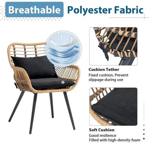 Alt view image 3 of 6 - 5 Piece Wicker Patio Furniture Set, Rattan Outdoor Bistro Set with 2 Ottomans and Coffee Side Table, Small Patio Conversation Set for Balcony, Front Porch, Garden, Backyard, Black