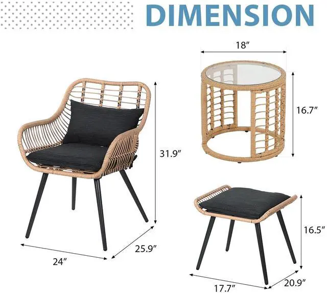 Alt view image 5 of 6 - 5 Piece Wicker Patio Furniture Set, Rattan Outdoor Bistro Set with 2 Ottomans and Coffee Side Table, Small Patio Conversation Set for Balcony, Front Porch, Garden, Backyard, Black