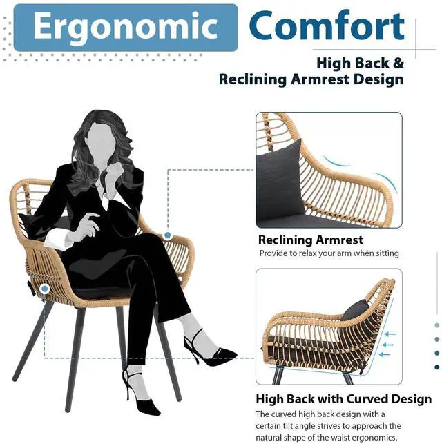 Alt view image 6 of 6 - 5 Piece Wicker Patio Furniture Set, Rattan Outdoor Bistro Set with 2 Ottomans and Coffee Side Table, Small Patio Conversation Set for Balcony, Front Porch, Garden, Backyard, Black