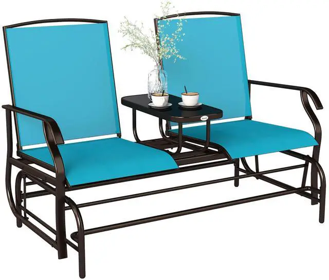 Main image of Outdoor Glider Bench with Center Table, Metal Frame Patio Loveseat with Breathable Mesh Fabric and Armrests for Backyard Garden Porch, Blue