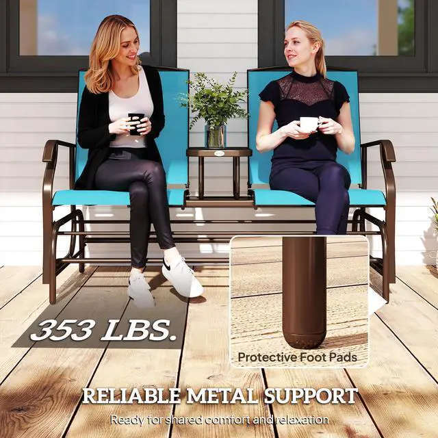Alt view image 6 of 6 - Outdoor Glider Bench with Center Table, Metal Frame Patio Loveseat with Breathable Mesh Fabric and Armrests for Backyard Garden Porch, Blue