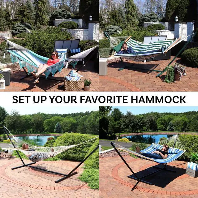 Alt view image 3 of 6 - Sunnydaze Double Hammock Stand for Outside - 350-Pound Capacity Indoor/Outdoor Hammock Frame - Black Powder-Coated Finish - 12-Foot