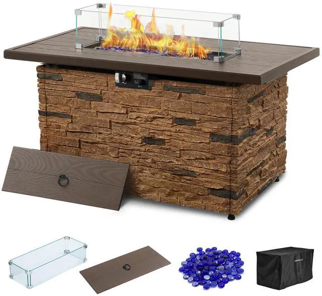 Main image of 43" Propane Fire Pit Table Outdoor Stone Firepit Table Rectangular 50000 BTU Gas Firepits for Outside Patio with Wind Guard, Table Lid, Fire Beads, Cover, Caldo (Brown)