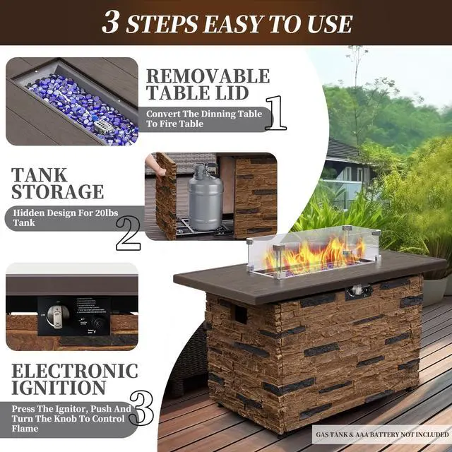 Alt view image 2 of 6 - 43" Propane Fire Pit Table Outdoor Stone Firepit Table Rectangular 50000 BTU Gas Firepits for Outside Patio with Wind Guard, Table Lid, Fire Beads, Cover, Caldo (Brown)