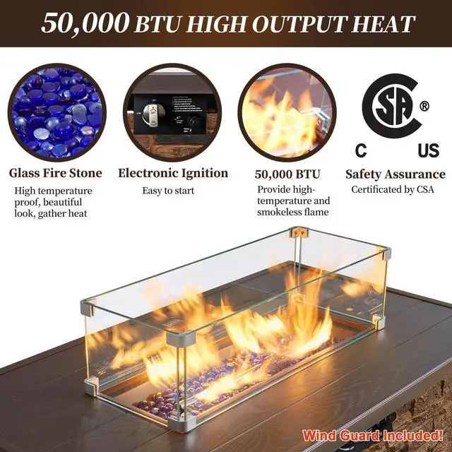 Alt view image 3 of 6 - 43" Propane Fire Pit Table Outdoor Stone Firepit Table Rectangular 50000 BTU Gas Firepits for Outside Patio with Wind Guard, Table Lid, Fire Beads, Cover, Caldo (Brown)