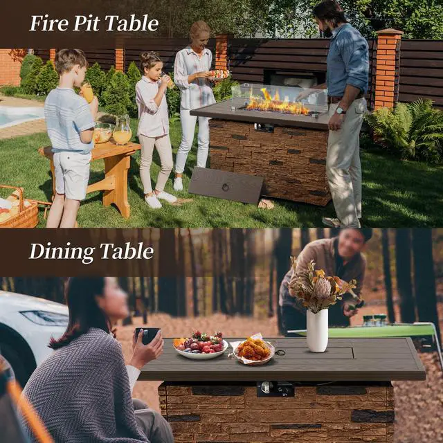 Alt view image 4 of 6 - 43" Propane Fire Pit Table Outdoor Stone Firepit Table Rectangular 50000 BTU Gas Firepits for Outside Patio with Wind Guard, Table Lid, Fire Beads, Cover, Caldo (Brown)
