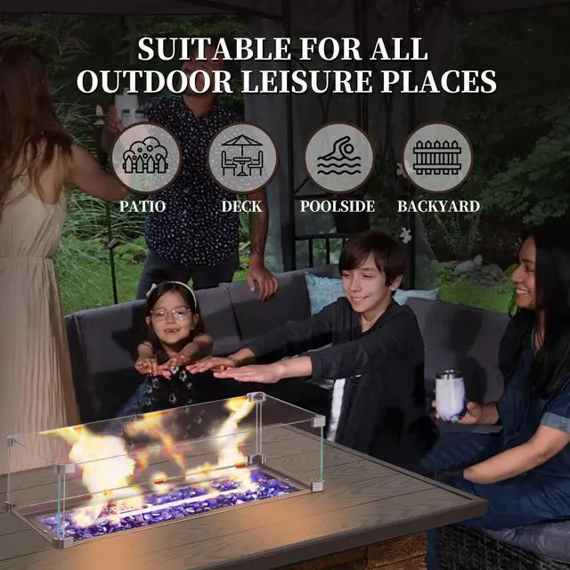 Alt view image 5 of 6 - 43" Propane Fire Pit Table Outdoor Stone Firepit Table Rectangular 50000 BTU Gas Firepits for Outside Patio with Wind Guard, Table Lid, Fire Beads, Cover, Caldo (Brown)