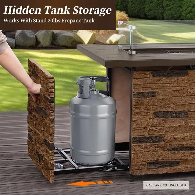 Alt view image 6 of 6 - 43" Propane Fire Pit Table Outdoor Stone Firepit Table Rectangular 50000 BTU Gas Firepits for Outside Patio with Wind Guard, Table Lid, Fire Beads, Cover, Caldo (Brown)