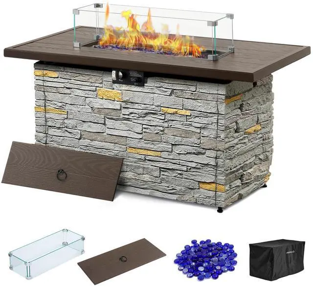 Main image of 43 Inch Propane Fire Pit Table Outdoor Stone Firepit Table Rectangular 50000 BTU Propane Fire Tables for Outside Patio with Wind Guard, Table Lid, Fire Beads, Cover, Caldo (Gray)