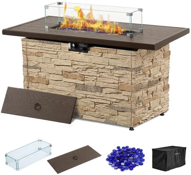 Main image of 43 Inch Propane Fire Pit Table Outdoor Stone Firepit Table Rectangular 50000 BTU Gas Firepits for Outside Patio with Wind Guard, Table Lid, Fire Beads, Cover, Caldo (Buff)