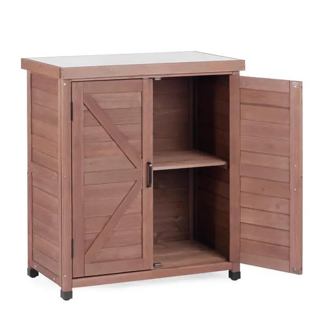 Main image of Potting Bench with Storage Cabinet and Metal Table Top for Outdoor Patio, Garden Furniture Wood Workstation (Dark Brown, 31x17x36)