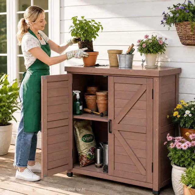 Alt view image 2 of 6 - Potting Bench with Storage Cabinet and Metal Table Top for Outdoor Patio, Garden Furniture Wood Workstation (Dark Brown, 31x17x36)
