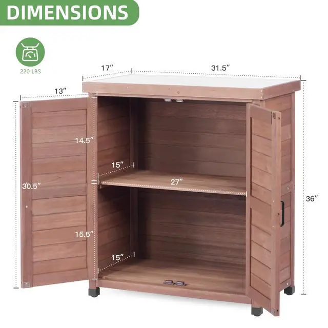 Alt view image 3 of 6 - Potting Bench with Storage Cabinet and Metal Table Top for Outdoor Patio, Garden Furniture Wood Workstation (Dark Brown, 31x17x36)
