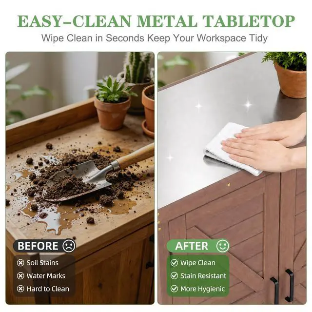 Alt view image 4 of 6 - Potting Bench with Storage Cabinet and Metal Table Top for Outdoor Patio, Garden Furniture Wood Workstation (Dark Brown, 31x17x36)