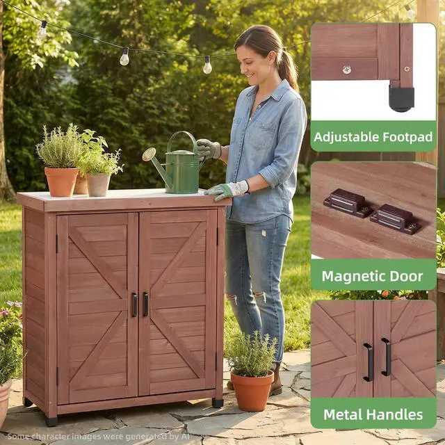 Alt view image 6 of 6 - Potting Bench with Storage Cabinet and Metal Table Top for Outdoor Patio, Garden Furniture Wood Workstation (Dark Brown, 31x17x36)
