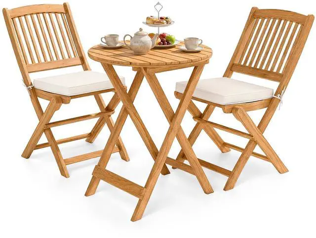 Main image of 3Pcs Patio Bistro Set, Wood Folding Table Set, 2 Cushioned Chairs for Garden Yard, Outdoor Furniture Round Table (Natural & Beige)