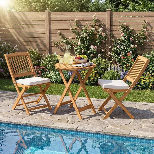 Alt view image 2 of 6 - 3Pcs Patio Bistro Set, Wood Folding Table Set, 2 Cushioned Chairs for Garden Yard, Outdoor Furniture Round Table (Natural & Beige)