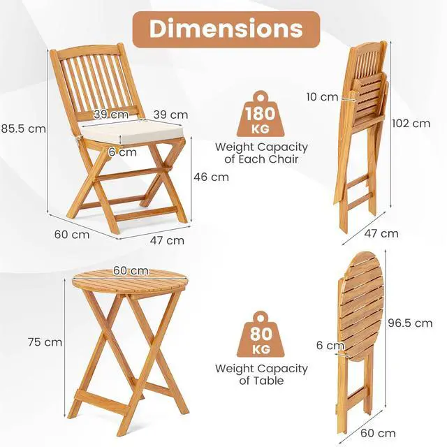 Alt view image 3 of 6 - 3Pcs Patio Bistro Set, Wood Folding Table Set, 2 Cushioned Chairs for Garden Yard, Outdoor Furniture Round Table (Natural & Beige)