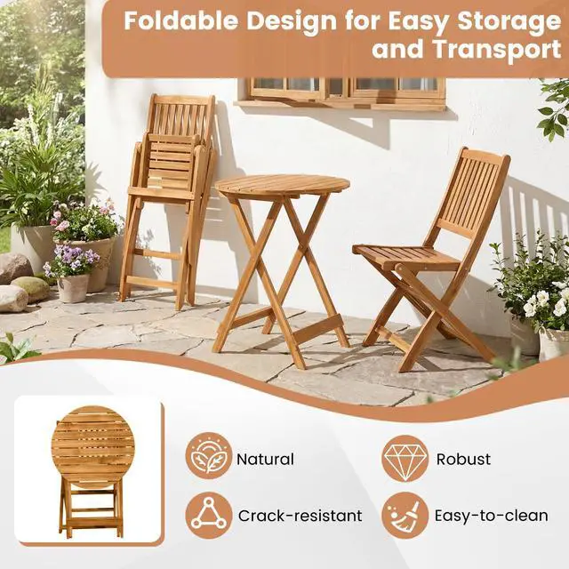 Alt view image 4 of 6 - 3Pcs Patio Bistro Set, Wood Folding Table Set, 2 Cushioned Chairs for Garden Yard, Outdoor Furniture Round Table (Natural & Beige)